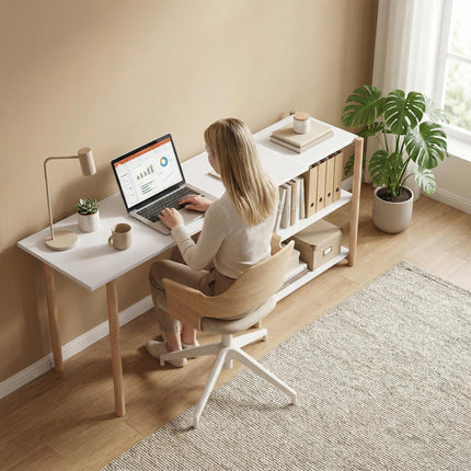 Computer Desk with Storage Shelves Modern Writing Desk Bamboo Frame for Home Off