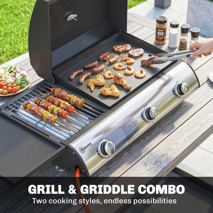 Outsunny 3 Burner Portable Gas Plancha BBQ Grill, 7.5 kW Outdoor Tabletop Gas Barbecue Grill with Griddle, Thermometer,, Black
