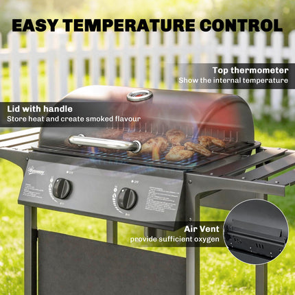 Gas Burner Barbecue Grill, 2 Burner Gas Grill with Side Tables, Warming Rack, Shelf, Thermometer, Grease Tray, Black