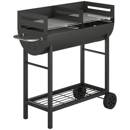 Charcoal Barbecue Grill with 2 Cooking Areas, Portable BBQ Trolley with Wheels, Height Adjustable Grates, Bottom Shelf