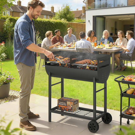 Charcoal Barbecue Grill with 2 Cooking Areas, Portable BBQ Trolley with Wheels, Height Adjustable Grates, Bottom Shelf
