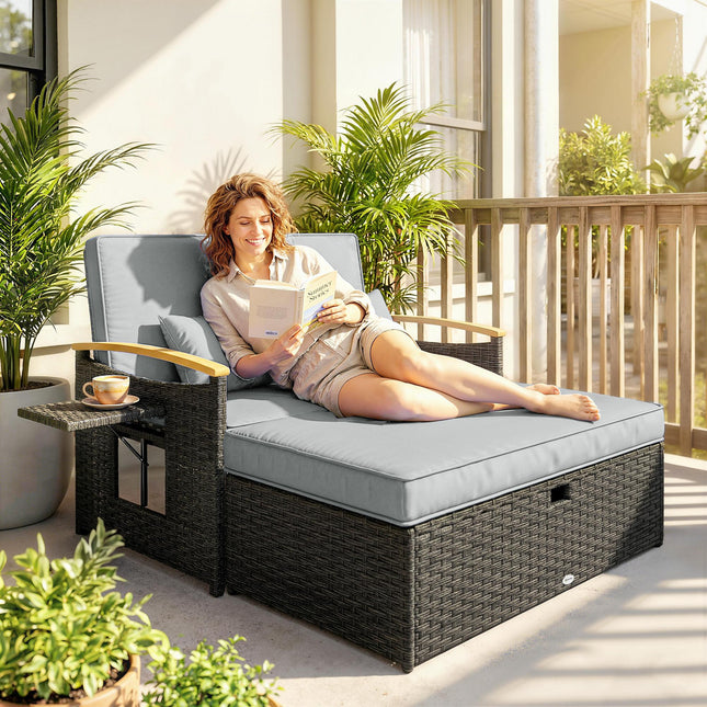 Double Garden Rattan Daybed, Wicker Sun Bed Chaise Lounger with Storage Ottoman, 4-Level Adjustable Backrest, Dark Grey
