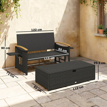 Double Garden Rattan Daybed, Wicker Sun Bed Chaise Lounger with Storage Ottoman, 4-Level Adjustable Backrest, Dark Grey