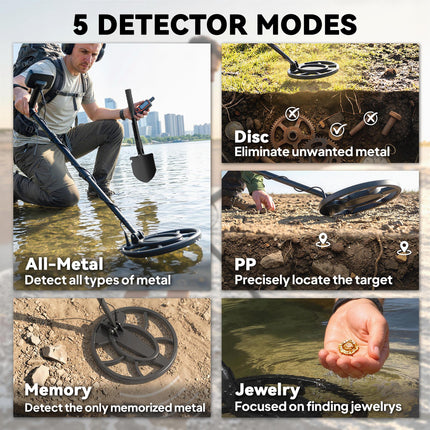 Metal Detector for Adults, IP68 Waterproof Search Coil with LCD Display, 5 Modes Gold Detector with Carry Bag, Shovel