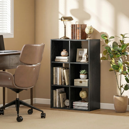 Industrial Style Storage Shelf, Bookcase, Bookshelf with 6 Compartments, for Living Room, Home Study, Black Wood Effect