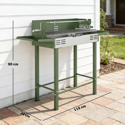 BBQ Rotisserie Grill Roaster Charcoal Spit Roasting Machine for Chicken Turkey with 3-Level Grill Grate, Side Shelves, Dark Green