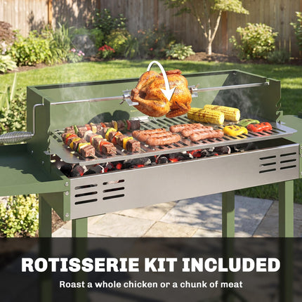 BBQ Rotisserie Grill Roaster Charcoal Spit Roasting Machine for Chicken Turkey with 3-Level Grill Grate, Side Shelves, Dark Green