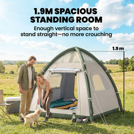 Inflatable Camping Tent with Rainfly, 3 Man Air Tent 3000mm Waterproof Blow Up Tents, Beige
