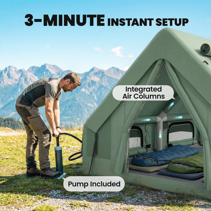 Inflatable Camping Tent, 4 Season Hot Tent 10000mm Waterproof with Chimney Opening, Sky Light and Air Pump, Green