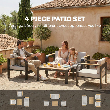 4 Seater Aluminium Garden Furniture Set with Olefin Cushions, Garden Sofa Set, Beige