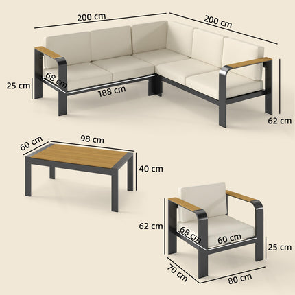Outsunny 3 Pieces Garden Furniture Set with L-Shaped Sofa, Armchair and Coffee Table, Aluminium Garden Corner Sofa Set