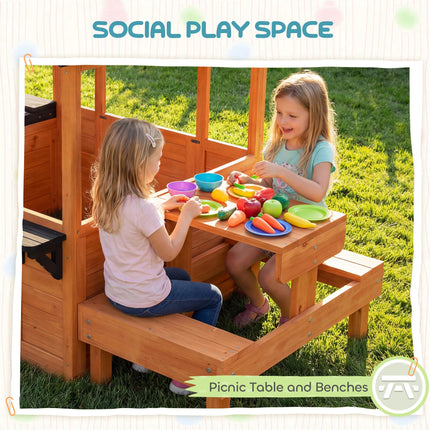 Wooden Playhouse Playhouse for Kids with Table, Benches, Sink Table, Windows, Flowerpot Holders, for Ages 3-8, Brown
