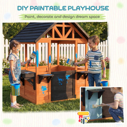Wooden Playhouse Playhouse for Kids with Table, Benches, Sink Table, Windows, Flowerpot Holders, for Ages 3-8, Brown