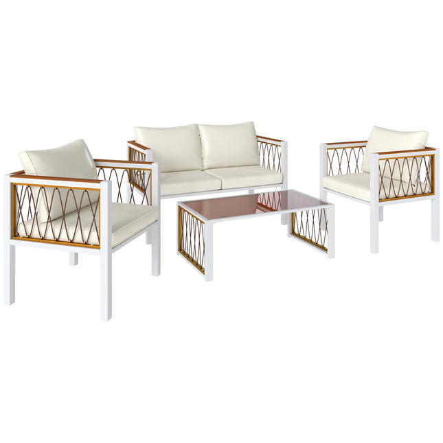 4 Piece Rattan Garden Furniture Set with Loveseat, 2 Armchairs, Table, Metal Frame Patio Conversation Set, Cream White