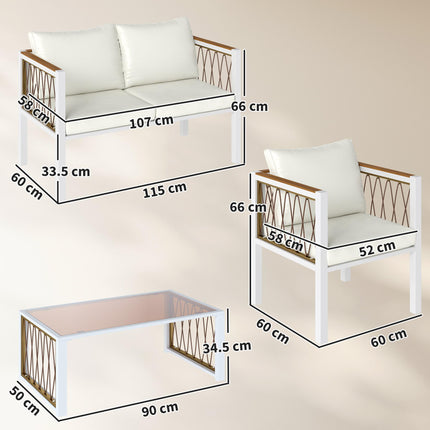 4 Piece Rattan Garden Furniture Set with Loveseat, 2 Armchairs, Table, Metal Frame Patio Conversation Set, Cream White