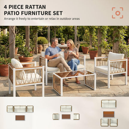 4 Piece Rattan Garden Furniture Set with Loveseat, 2 Armchairs, Table, Metal Frame Patio Conversation Set, Cream White