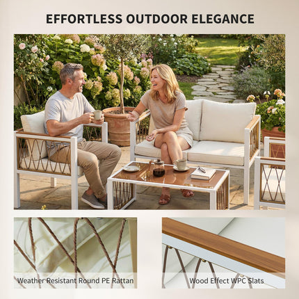 4 Piece Rattan Garden Furniture Set with Loveseat, 2 Armchairs, Table, Metal Frame Patio Conversation Set, Cream White