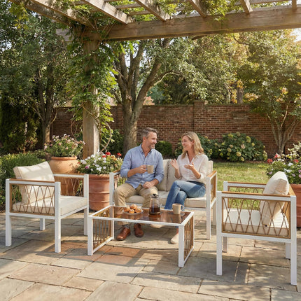4 Piece Rattan Garden Furniture Set with Loveseat, 2 Armchairs, Table, Metal Frame Patio Conversation Set, Cream White