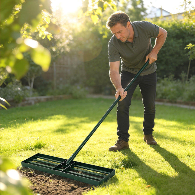 Lawn Levelling Rake, 76 x 26 cm Lawn Leveller Lute with 169 cm Handle for Grass Soil Sand Yard Golf Course