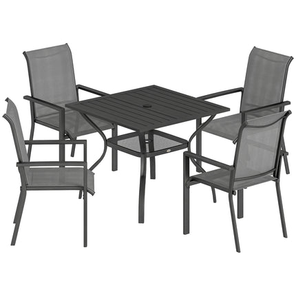 5 Pieces Outdoor Dining Set for 4, Garden Table and Stackable Chairs with Breathable Mesh Seat and Parasol Hole, Grey