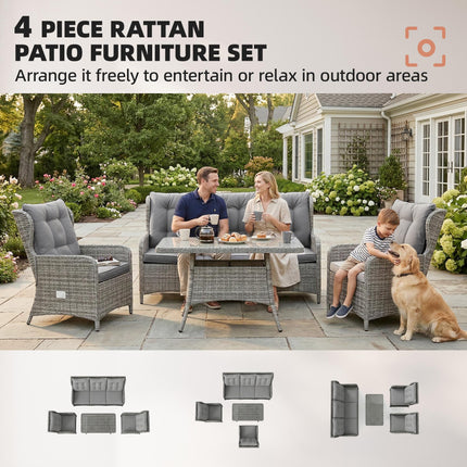 5 Seater Rattan Garden Furniture Set with Sofa, Reclining Chairs, Table, Patio R