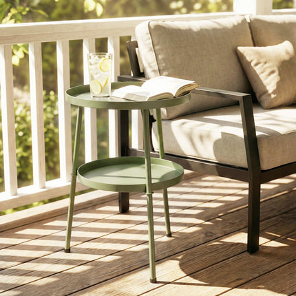 Patio Side Table, 2-Tier Round Coffee End Table for Garden Balcony Living Room Bedroom, Light Green