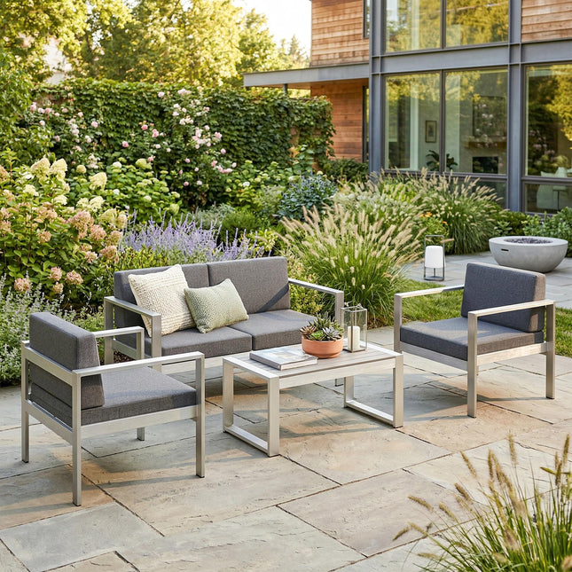 4 Seater Garden Furniture Set, Extra Wide Deep Garden Sofa Set with Olefin Cushions, Brushed Aluminium Frame, Dark Grey