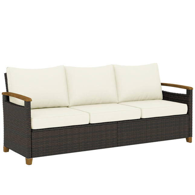 3 Seater Rattan Garden Sofa, PE Wicker Outdoor Sofa Wide Deep Seat, 4" Cushions, Wood-Effect Armrests Legs, Brown