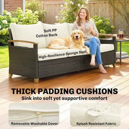 3 Seater Rattan Garden Sofa, PE Wicker Outdoor Sofa Wide Deep Seat, 4" Cushions, Wood-Effect Armrests Legs, Brown