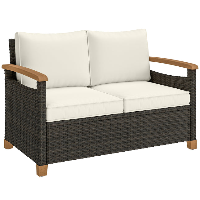 2 Seater Rattan Garden Sofa, Outdoor Sofa with Thickened Cushions and Acacia Wood Armrests, Brown