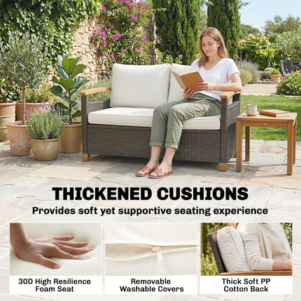 2 Seater Rattan Garden Sofa, Outdoor Sofa with Thickened Cushions and Acacia Wood Armrests, Brown