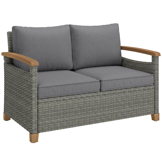 2 Seater Rattan Garden Sofa, Outdoor Sofa with Thickened Cushions and Acacia Wood Armrests, Dark Grey