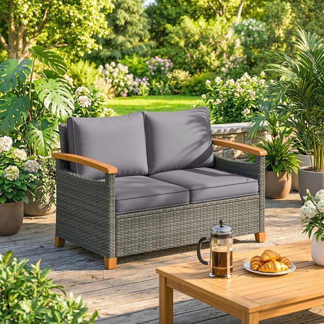 2 Seater Rattan Garden Sofa, Outdoor Sofa with Thickened Cushions and Acacia Wood Armrests, Dark Grey