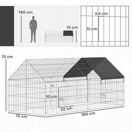 Rabbit Run with Protective Cover for Small Animals, Chickens, Guinea Pigs, Tortoises, 180 x 75 x 75 cm, Black
