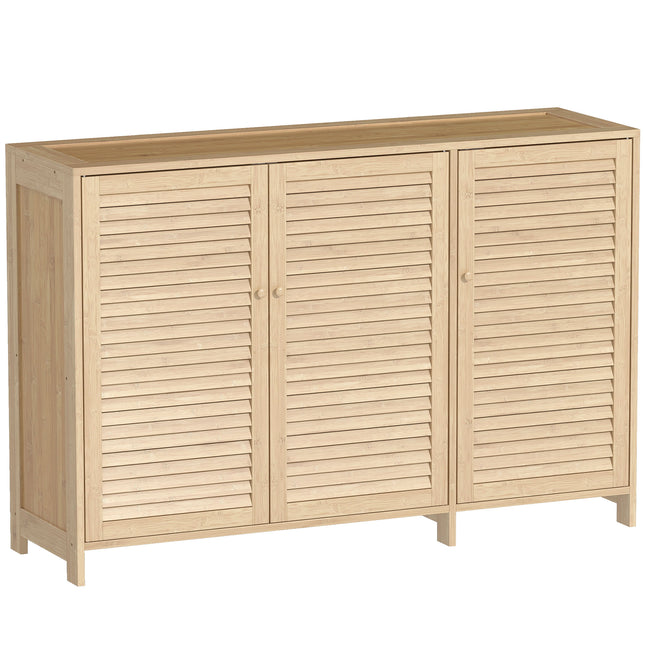 Bamboo Shoe Cabinet with Louvered Doors, 18 Pairs Shoe Storage Cabinet with Adjustable Shelves for Hallway, Natural