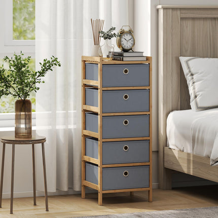 Chest of Drawers, 5 Fabric Drawers Narrow Dresser with Bamboo Frame, Light Grey