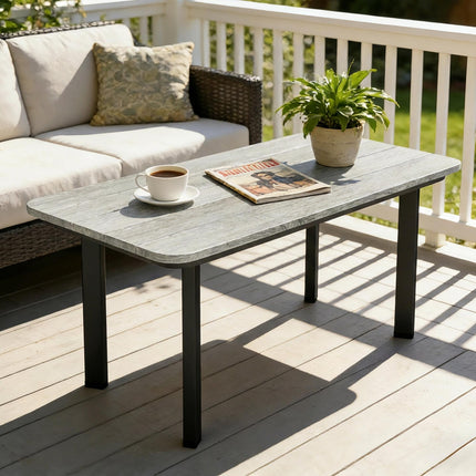 Outdoor Garden Coffee Table, Garden Table with Slatted Wood Plastic Composite Top and Metal Frame, Grey