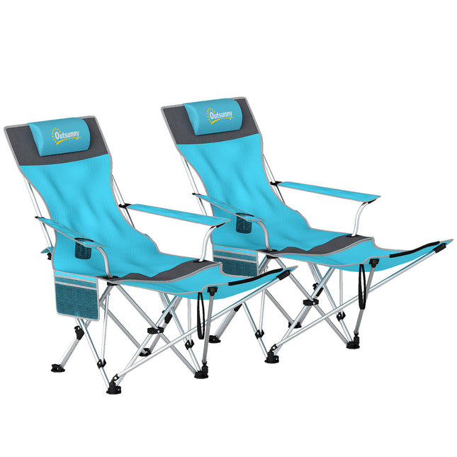 Set of 2 Reclining Folding Camping Chair w/ Detachable Footrest, Storage Bag, Cup Holder & Headrest, Blue and Grey
