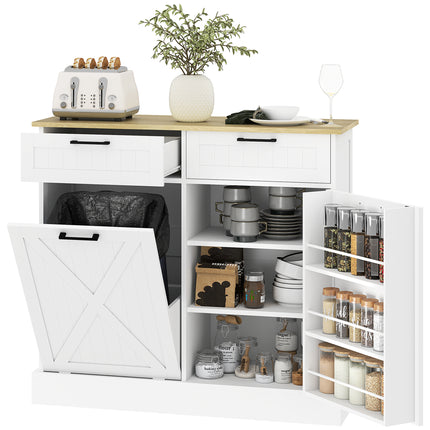 Sideboard with Tilt-out Trash Bin, Farmhouse Kitchen Sideboard with 2 Drawers, Adjustable Shelves, Door Racks, White