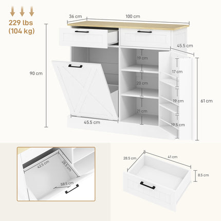 Sideboard with Tilt-out Trash Bin, Farmhouse Kitchen Sideboard with 2 Drawers, Adjustable Shelves, Door Racks, White