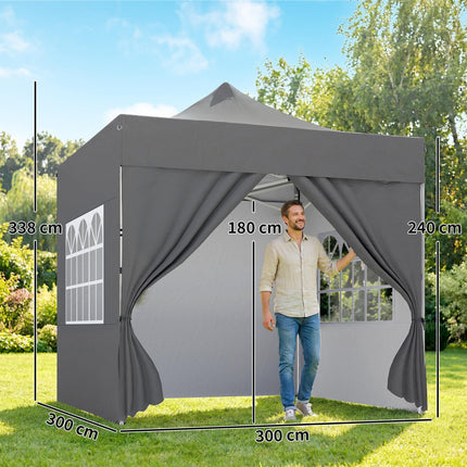 3 x 3 m Pop Up Gazebo with Sidewalls, UPF50+ Heavy Duty Garden Party Tent Marquee with Wheeled Carry Bag, Dark Grey