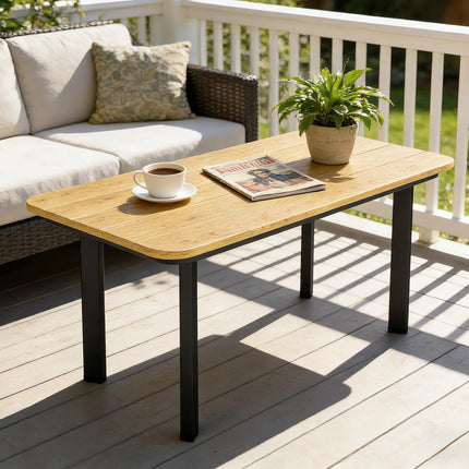 Outdoor Garden Coffee Table, Garden Table with Slatted Wood Plastic Composite Top and Metal Frame, Brown