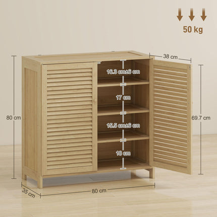 Bamboo Shoe Cabinet with Louvered Doors, 14 Pairs Shoe Storage Cabinet with Adjustable Shelves for Hallway, Natural