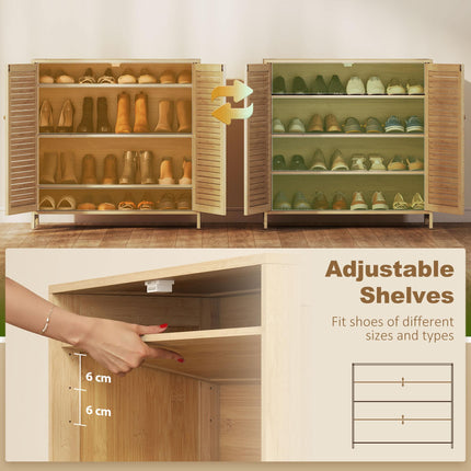 Bamboo Shoe Cabinet with Louvered Doors, 14 Pairs Shoe Storage Cabinet with Adjustable Shelves for Hallway, Natural