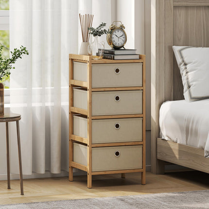 Chest of Drawers, 4 Fabric Drawers Narrow Dresser with Bamboo Frame, Cream White