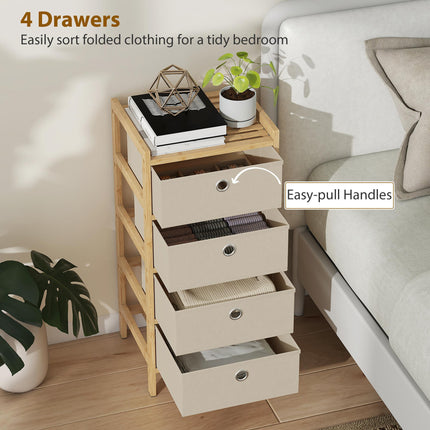 Chest of Drawers, 4 Fabric Drawers Narrow Dresser with Bamboo Frame, Cream White