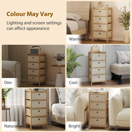 Chest of Drawers, 4 Fabric Drawers Narrow Dresser with Bamboo Frame, Cream White