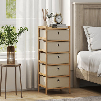 Chest of Drawers, 5 Fabric Drawers Narrow Dresser with Bamboo Frame, Cream White