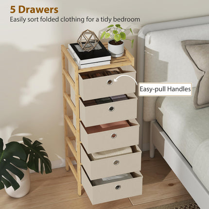 Chest of Drawers, 5 Fabric Drawers Narrow Dresser with Bamboo Frame, Cream White