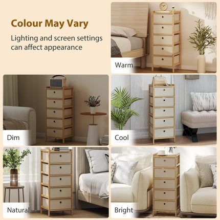 Chest of Drawers, 5 Fabric Drawers Narrow Dresser with Bamboo Frame, Cream White